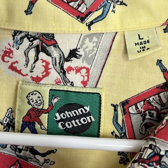 Vintage Johnny Cotton Shirt Large Yellow Button Up Western Guns Cowboy USA Q16 - Picture 4 of 4